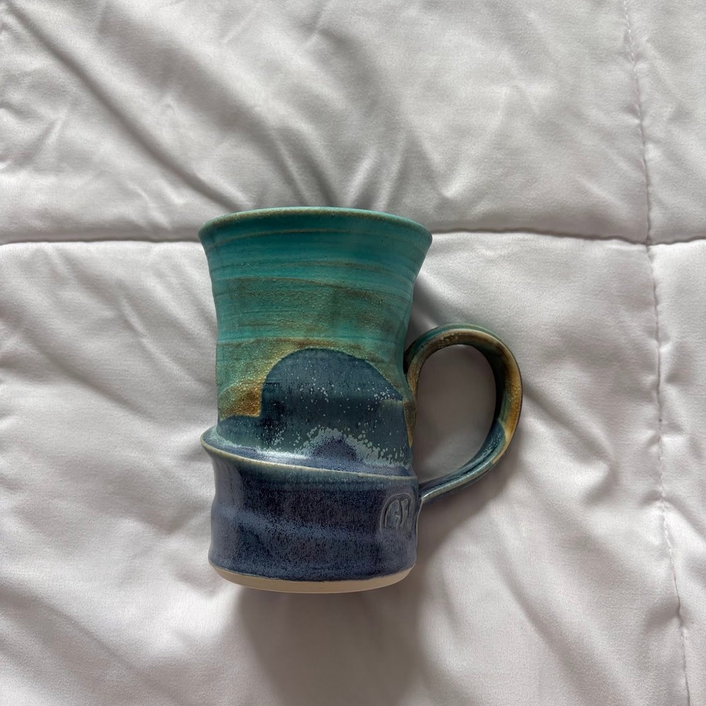 Studio Art Artisan Pottery Mug Blue Coastal Nautical Seashell Handcrafted Signed